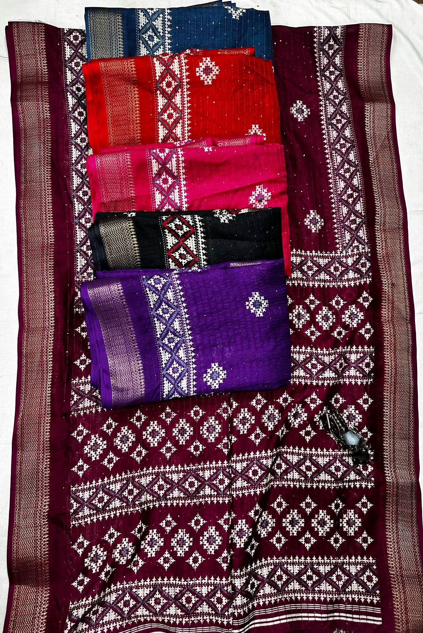 Beautiful Benny crape sikvach saree with all over doll design along with scallop maggam