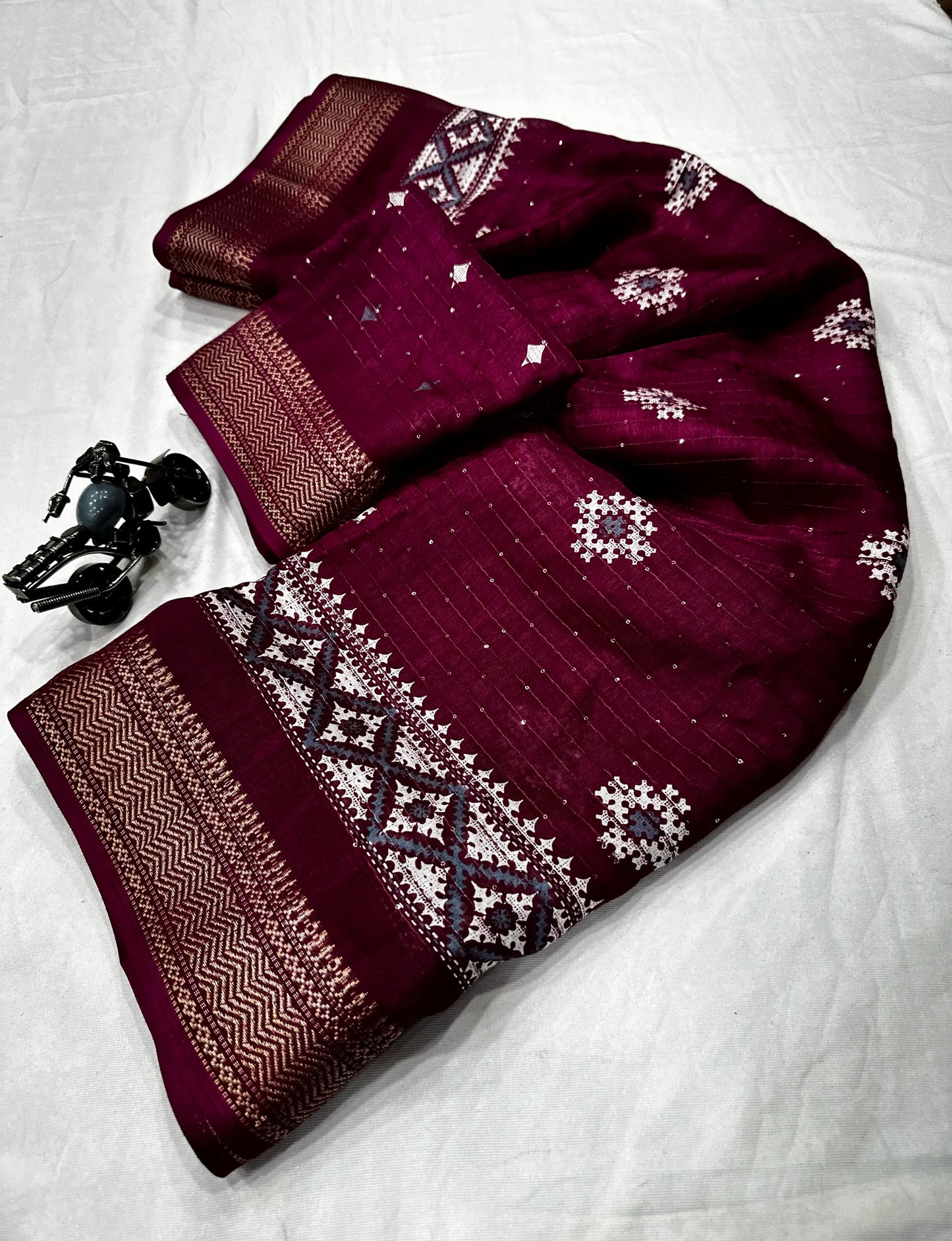 Beautiful Benny crape sikvach saree with all over doll design along with scallop maggam