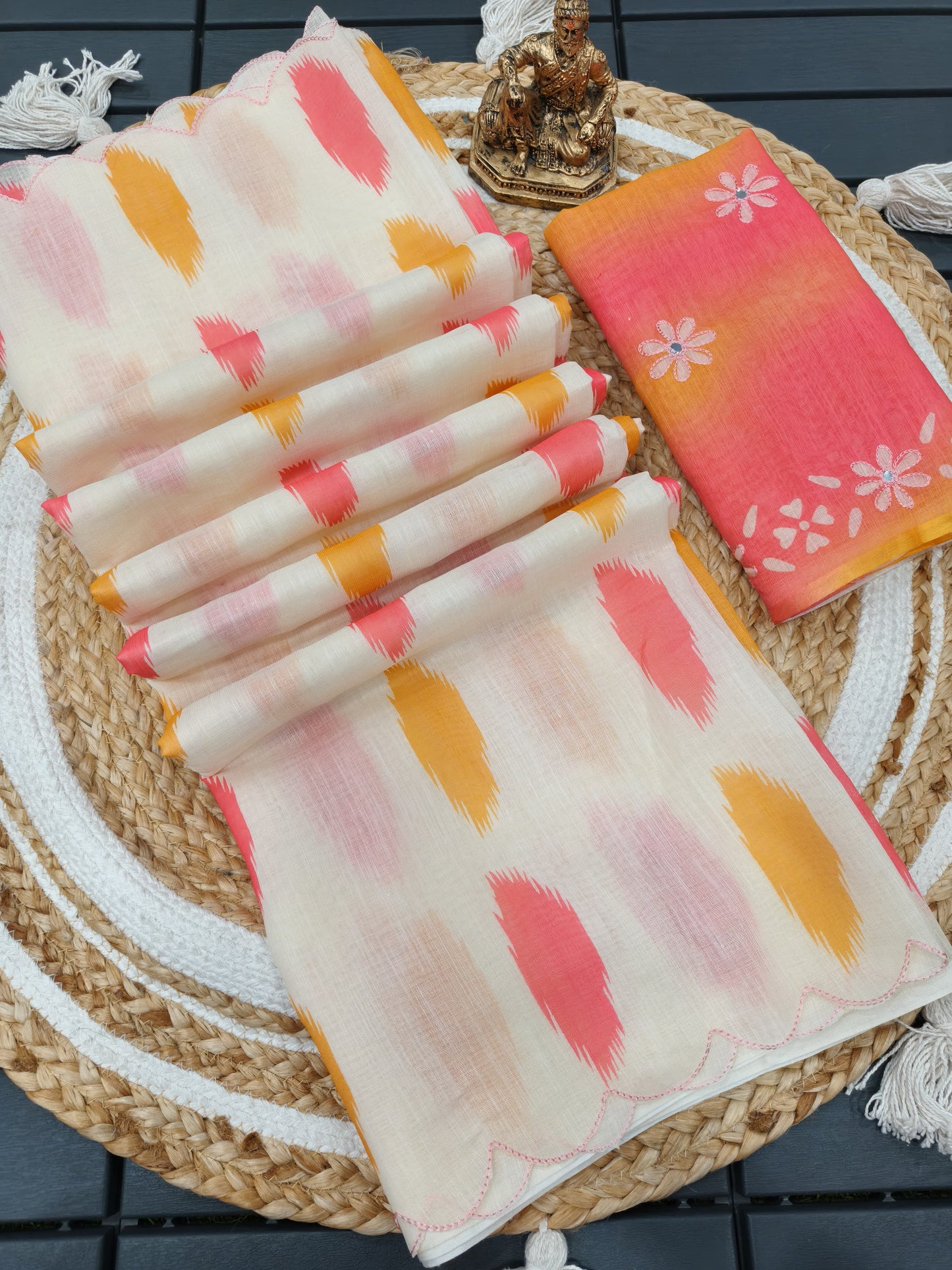 Heavy soft linen saree with arco work in blouse