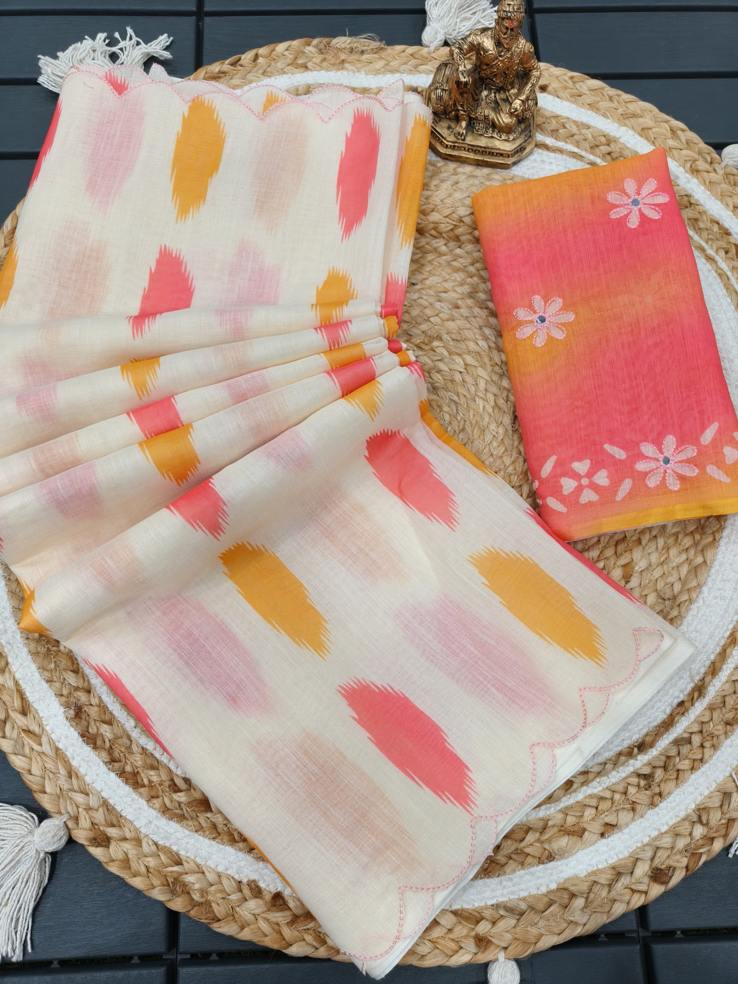 Heavy soft linen saree with arco work in blouse