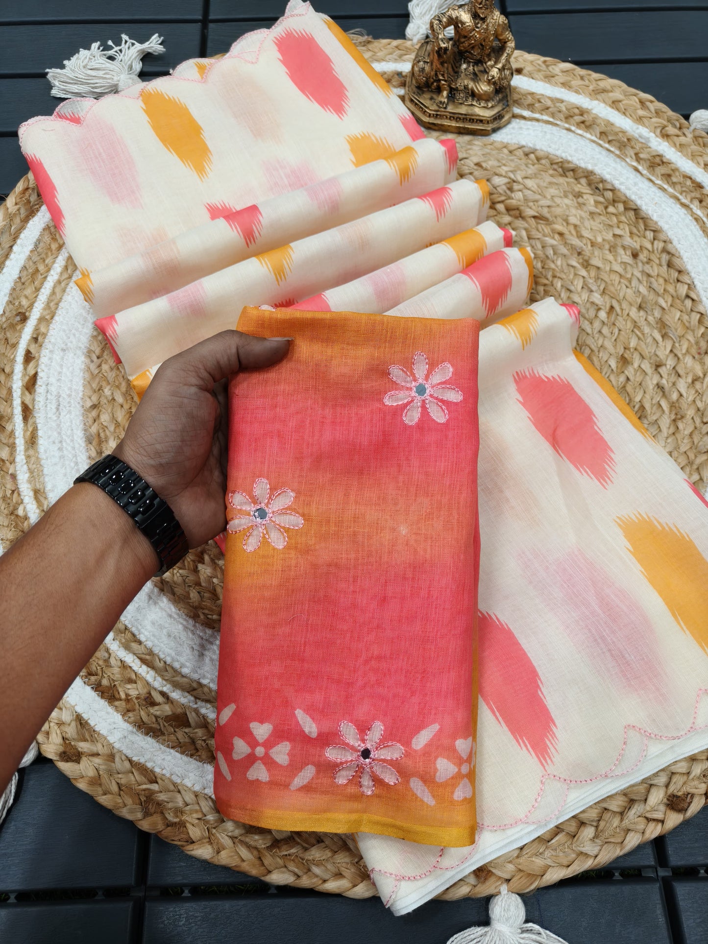 Heavy soft linen saree with arco work in blouse