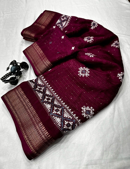 Beautiful Benny crape sikvach saree with all over doll design along with scallop maggam