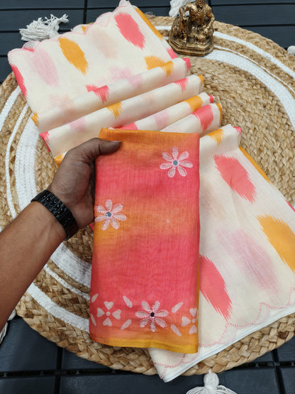 Heavy soft linen saree with arco work in blouse